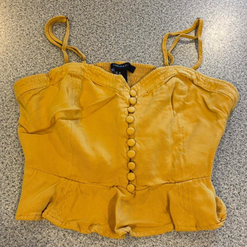 Forever 21 Mustard Yellow Button-Up Cami Peplum Crop Top - M